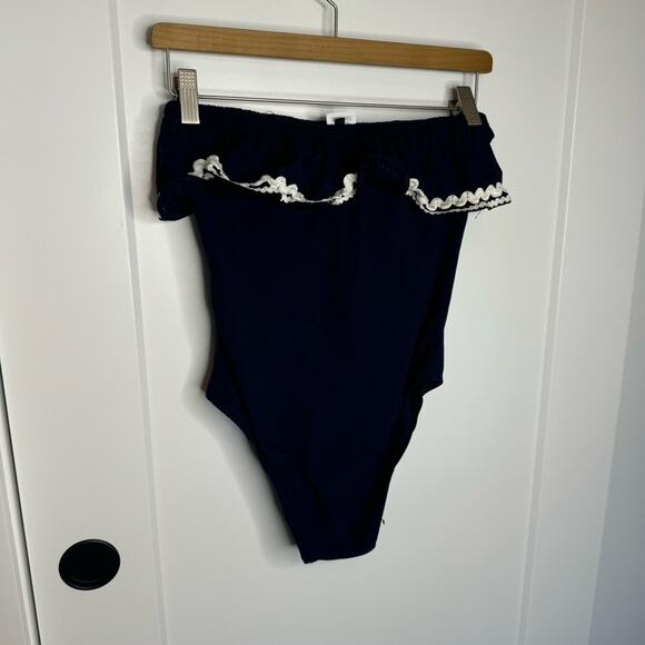 J. Crew Bandeau Ruffle Trim Navy Blue One Piece Swimsuit Size 0 - Picture 7 of 7